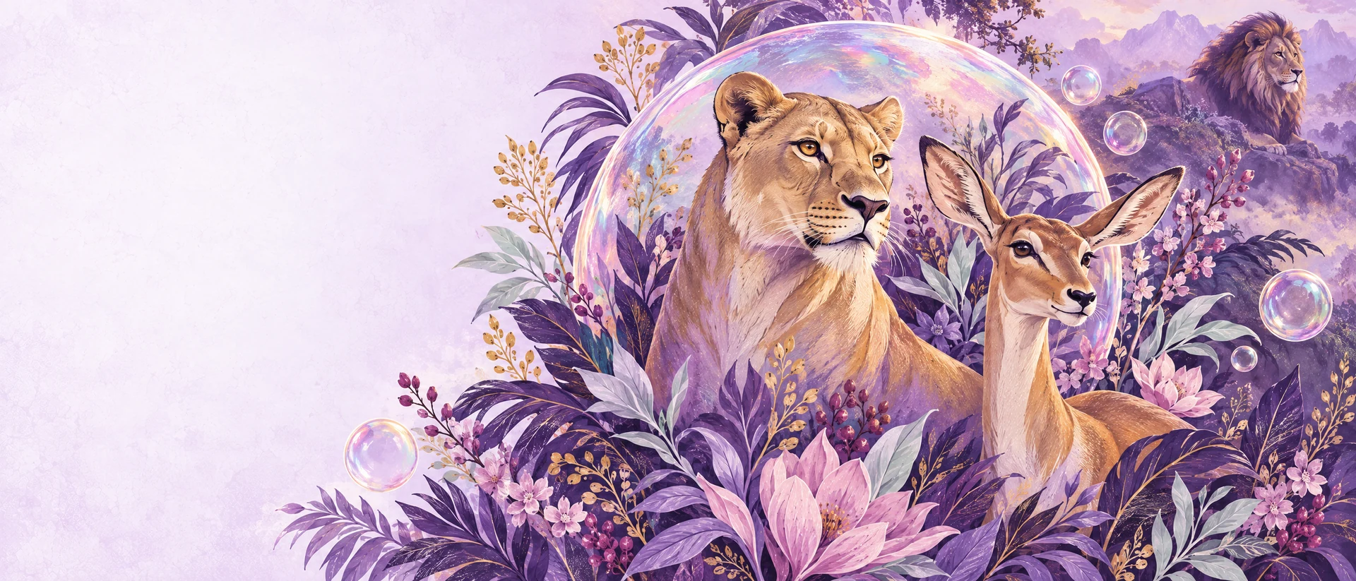 Vollwunder-Leitmotiv: Löwin, Antilope, botanische Welt und schillernde Bubble