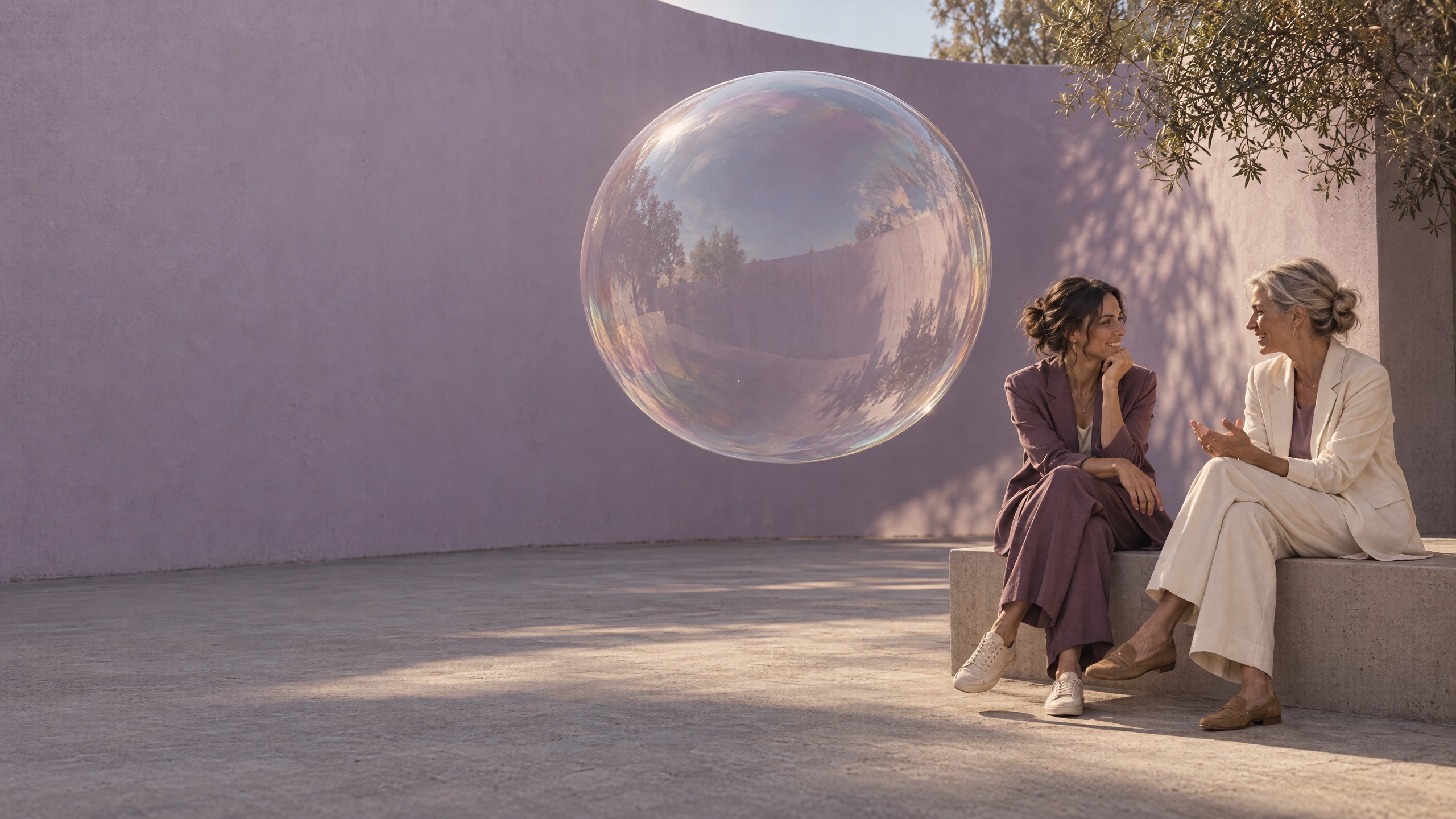 Komm in unsere Bubble — zwei Frauen im Gespräch, schwebende Seifenblase